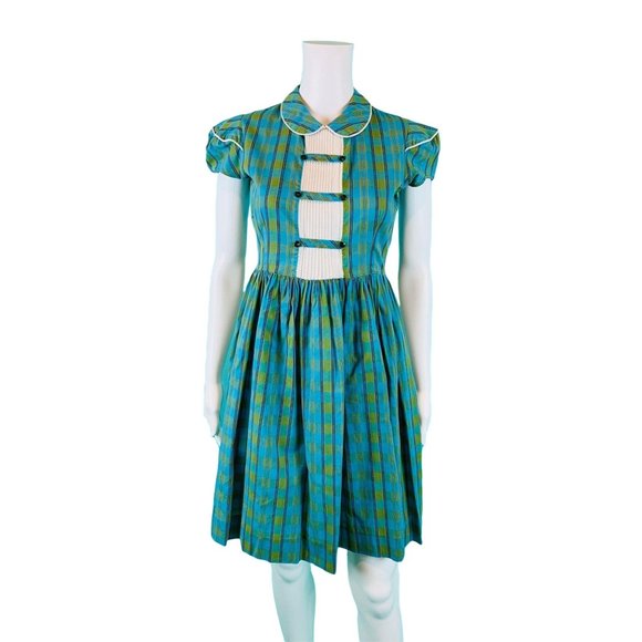 Vintage 1940s Blue Green Plaid Dress Puff Sleeve ShirtdressW 28"